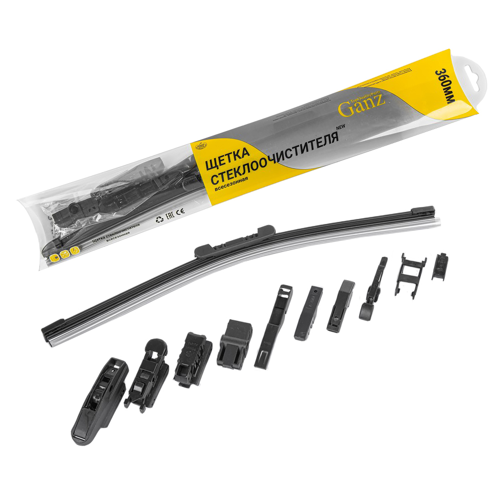 Щетка стеклоочистителя 360 мм бескаркасная 1 шт GANZ NEW GIS01027 (10 адаптеров)