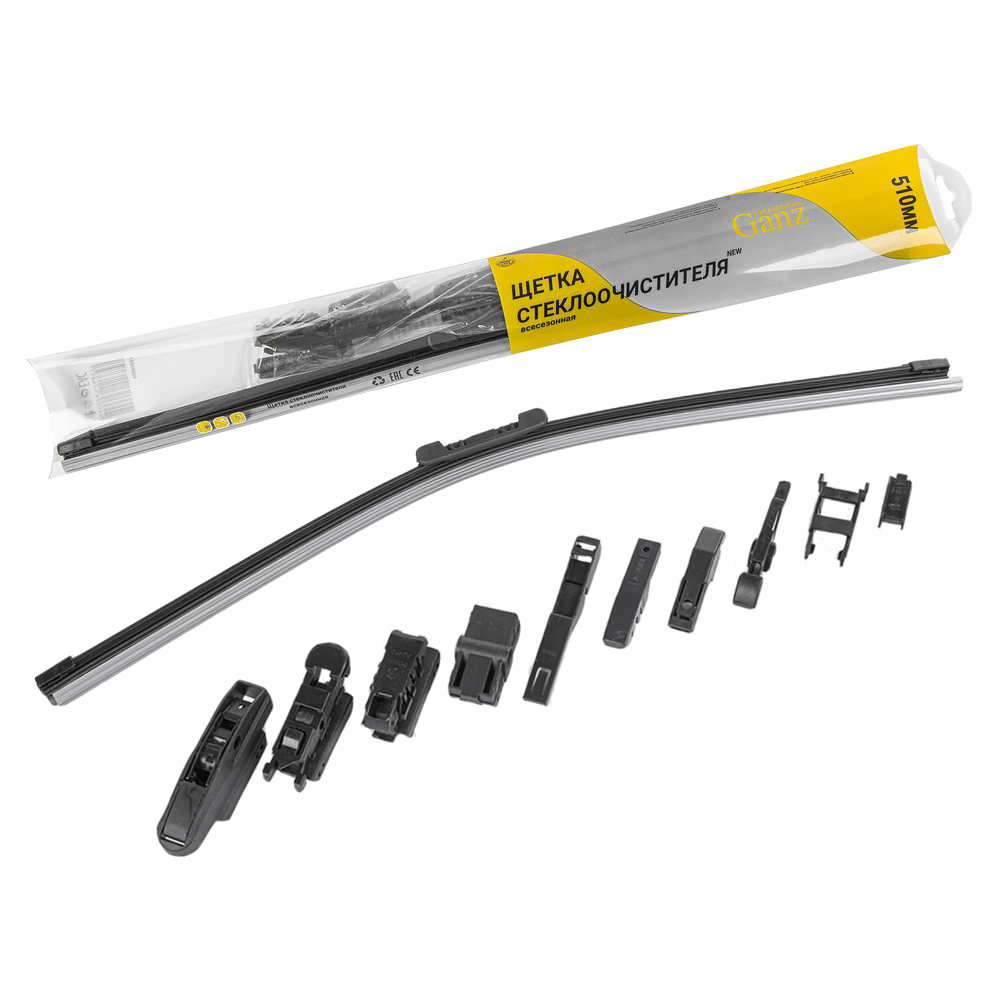 Щетка стеклоочистителя 510 мм бескаркасная 1 шт GANZ NEW GIS01033 (10 адаптеров)