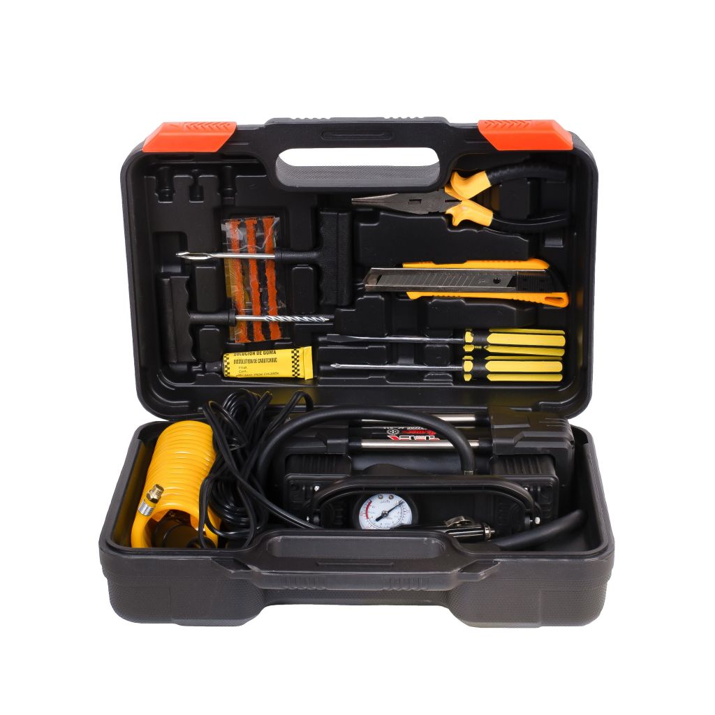 Компрессор ТРЕК 915 " Гелиос" двухцилиндровый 75 л/мин с фонарем (КЕЙС + шин.инструмент)