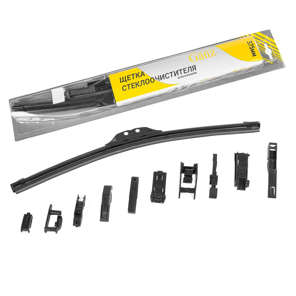 Щетка стеклоочистителя 375 мм бескаркасная 1 шт GANZ NEW GIS01028 (10 адаптеров)